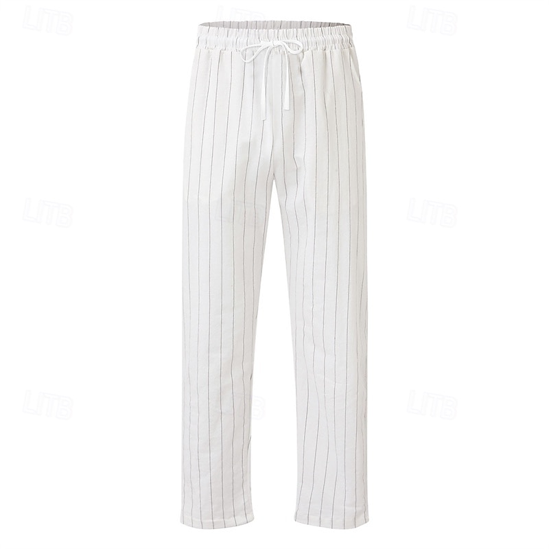 Men's Linen Pants Trousers Summer Pants Beach Pants Pocket Drawstring Elastic Waist Striped Comfort Breathable Vacation Daily Holiday Hawaiian Boho White 2025 - $18.99 –P2