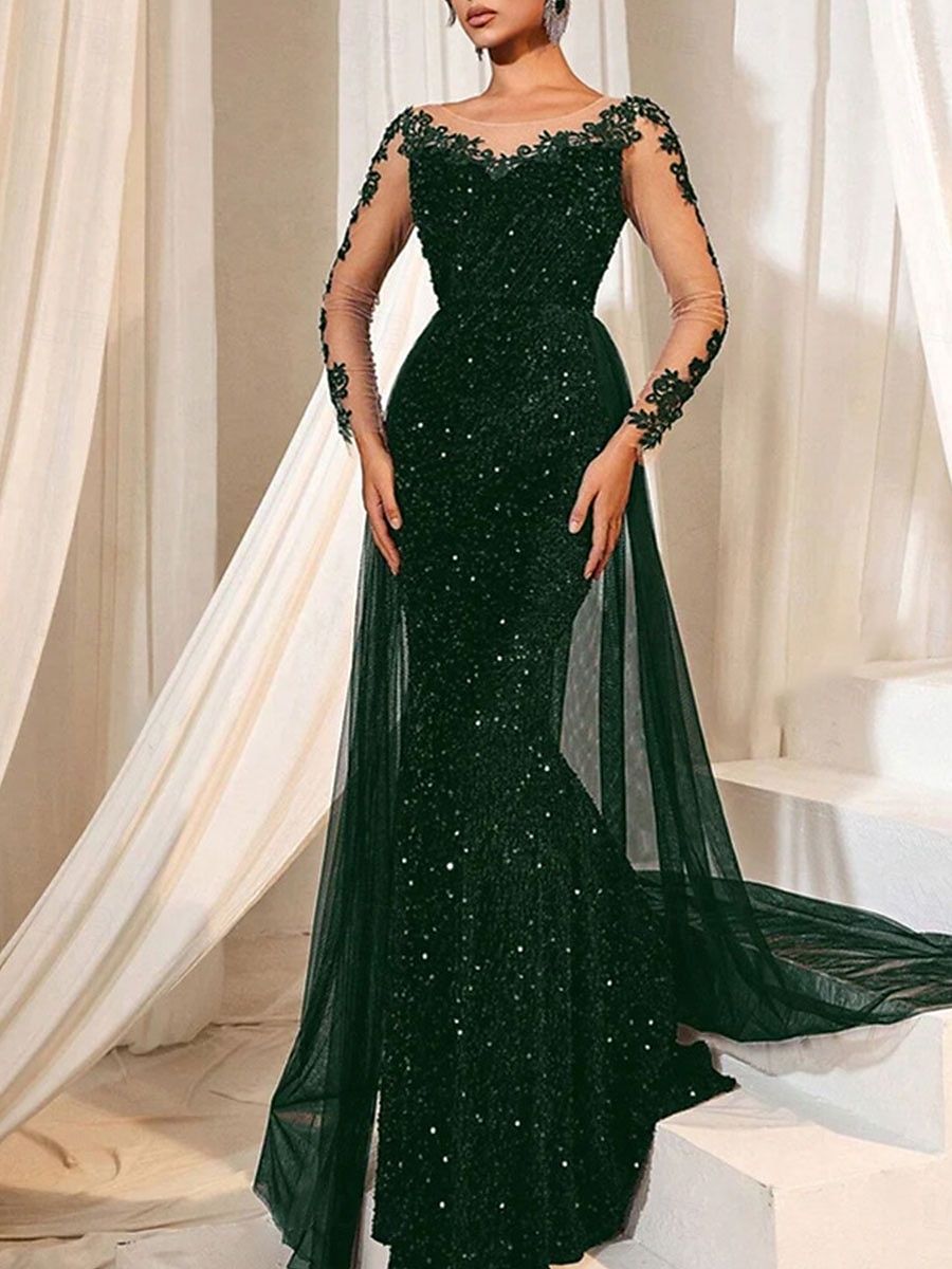 Brown Mermaid / Trumpet Evening Gown Elegant Dresse Embroidered Lace Applique Formal Wedding Floor Length Long Sleeve Crew Neck Tulle with Sequin Skirt 2025 - $119.99 –P9