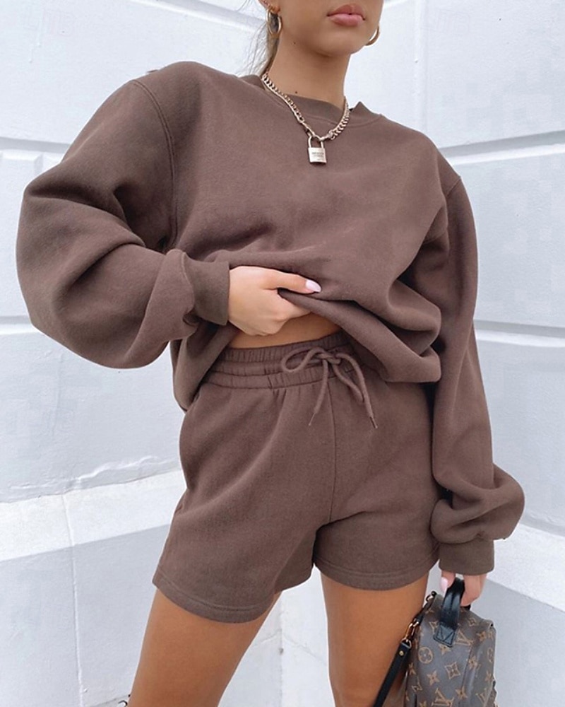 2025年 女性用 トラックスーツ プルオーバースウェットシャツ スウェットショーツ レース ソリッド スーツウェア 秋 Темный хаки ブラック ジム アスレイジャー ランニング 防風 長袖 スポーツ アクティブウェア 伸縮性あり レギュラー  コレクション – $25.99 –P5