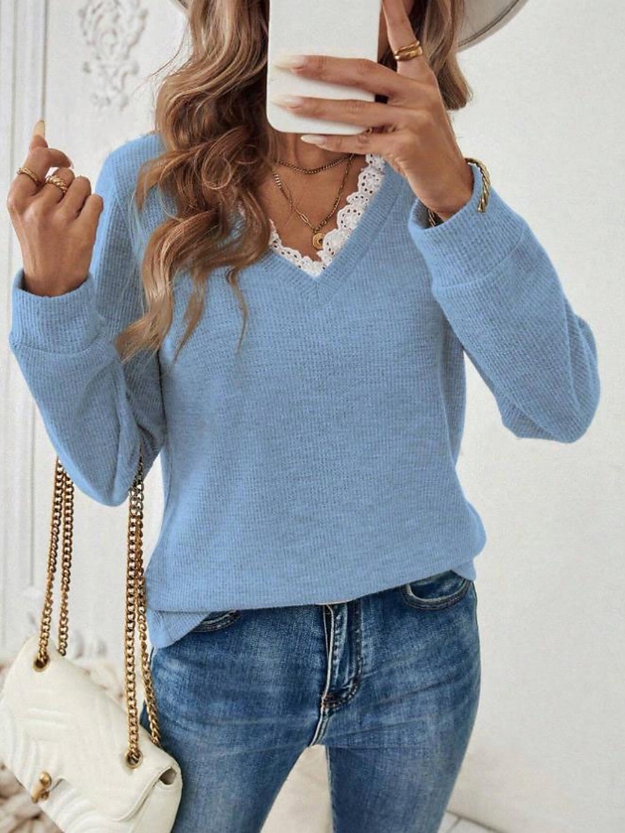Femmes Haut d'épissage en dentelle Couleur Unie Élégant Occasionnel manche longue Col en V Hauts Réguliers Quotidien Dentelle Patchwork Noir Blanche Bleu Beige Gris Printemps Automne Hiver de 2025 ? $26.99 –P3
