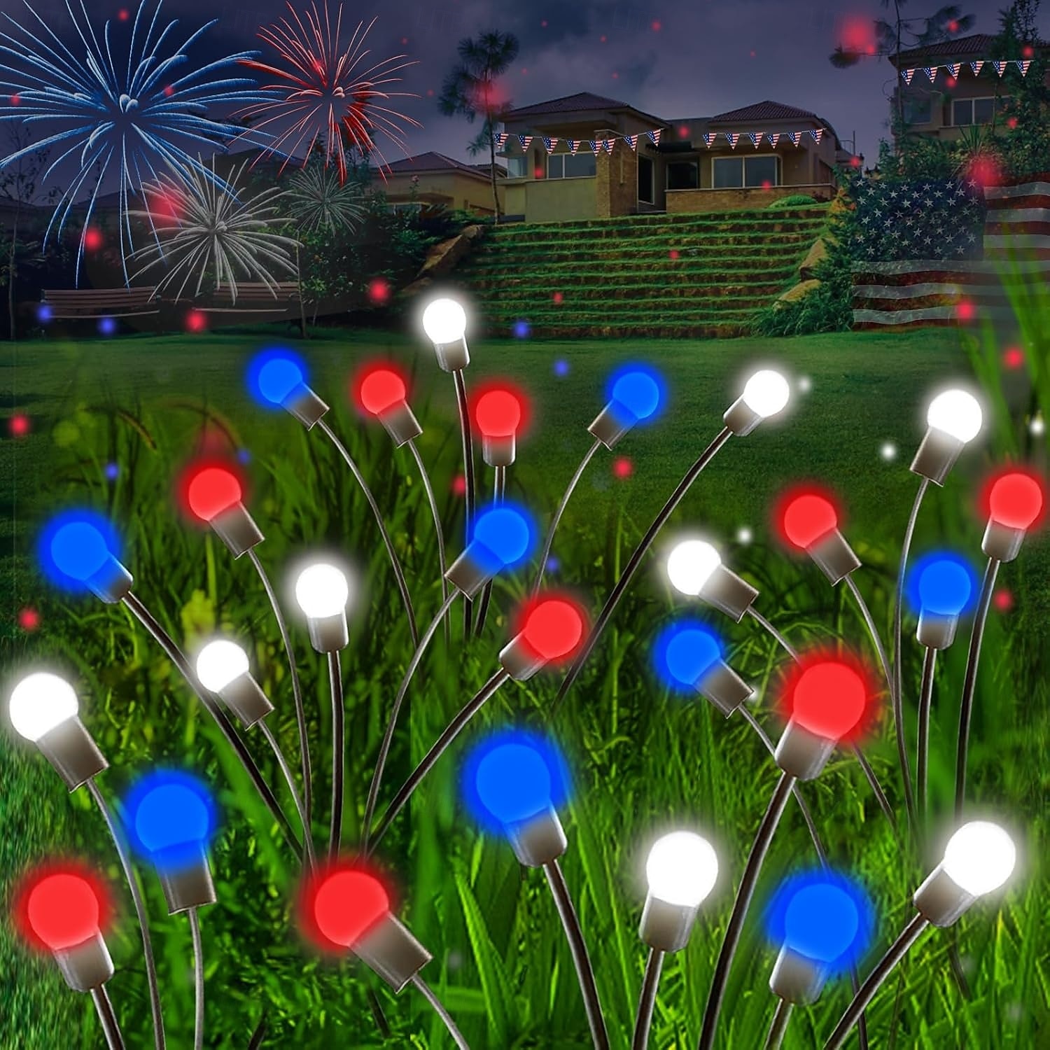 2 шт. патриотичных 12 головок солнечных светильников с огнями светлячков водонепроницаемых для Дня независимости 4 июля 250-й юбилей День памяти сад газон дорожка вечеринки патриотическая атмосфера 2026 - $26.99 –P15
