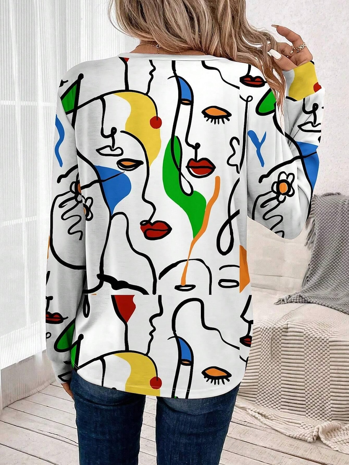 Femmes T-shirt Graphique Abstrait ancien Élégant Classique manche longue Col ras du cou Hauts Réguliers Quotidien Week-end Imprimé Blanche Été de 2025 ? $23.99 –P2