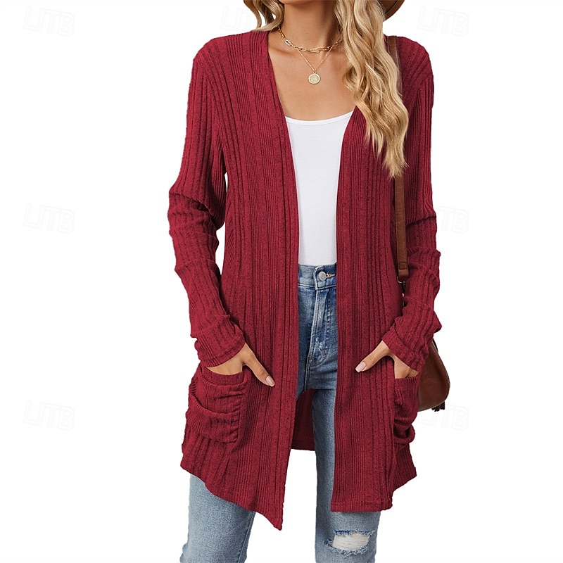 Dam Kappa Håller värmen Bekväm Ficka Mode Utomhus Slät Utekväll Helgen Cardigan Normal Kraglös Normal Långärmad Ytterkläder Svart Vin Marinblå Höst Vinter 2025 - $24.99 –P4