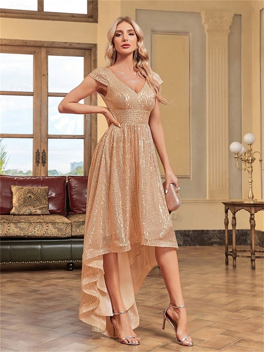 A-Line Quinceanera Dresses Elegant Dress Formal Wedding Asymmetrical Short Sleeve V Neck Polyester V Back with Sequin 2025 - $89.99 –P5