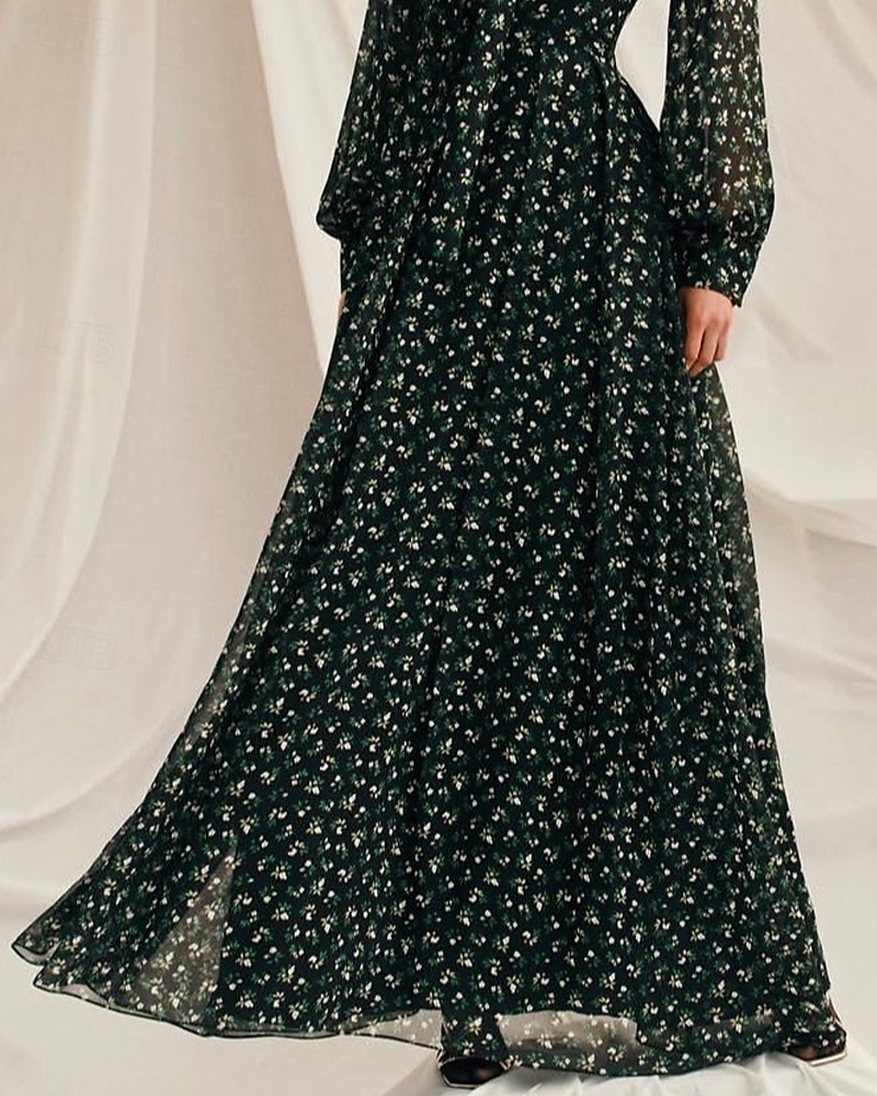 A-Linie Brautmutterkleid Elegant Einfach Minimalistisch V-Ausschnitt mit Schal Bodenlänglich Floralprint Chiffon Langarm mit Falten 2025 - $145.99 –P3