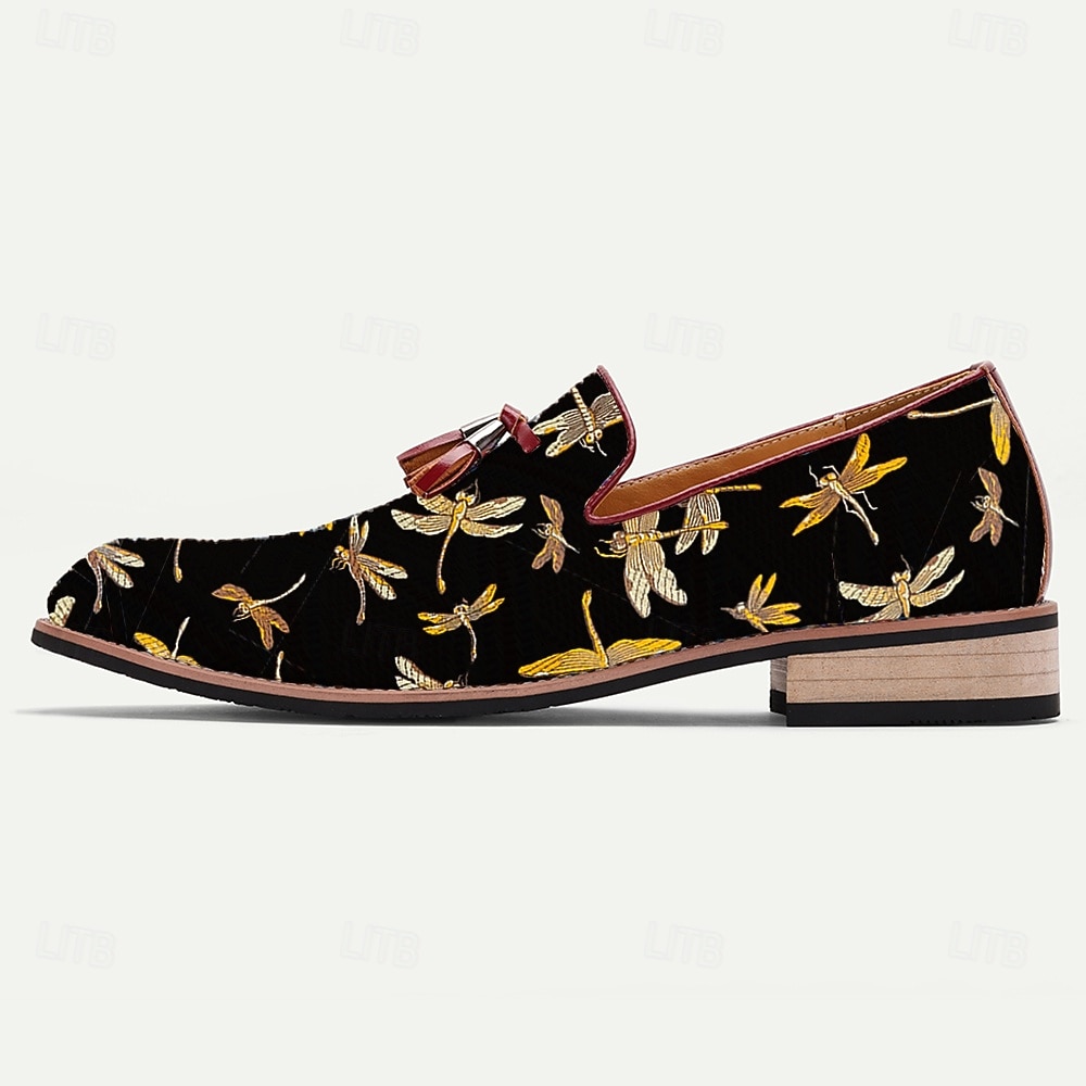 Svarta herrloafers i jacquard med trollsländebroderi, perfekta för kvällssammankomster, bröllop och semiformella tillfällen 2025 - $42.99 –P5