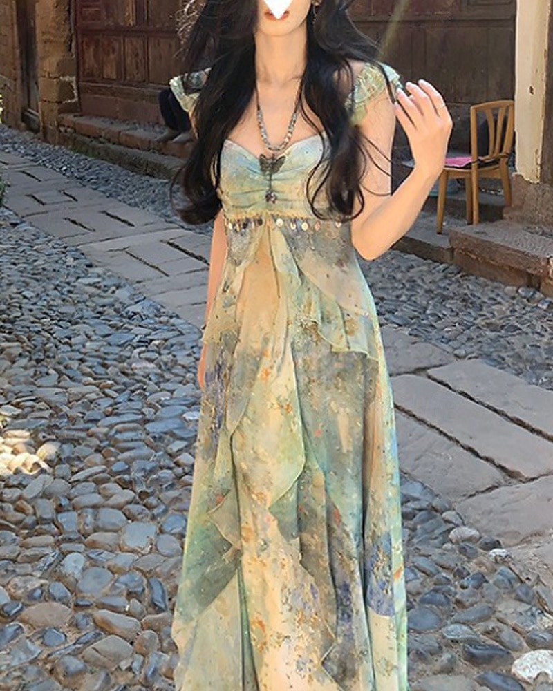 Dames Lange jurk maxi-jurk Jurk met print Modern Vakantie Feestdagen Teaparty Normale pasvorm Bloem Mouwloos V-hals Groen Zomer 2025 - $31.99 –P5