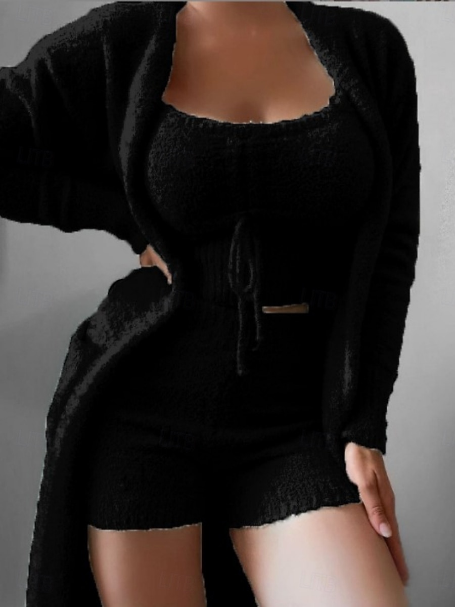 Pentru femei Set pijama 3 Piese Casual Confortabili Culoare pură Talie elastică pufos Tricou Pantaloni Scurți Casă Zilnic Manșon Lung Stil Nautic Negru Alb Roz Îmbujorat Albastru piscină Trifoi 2025 - $37.99 –P2