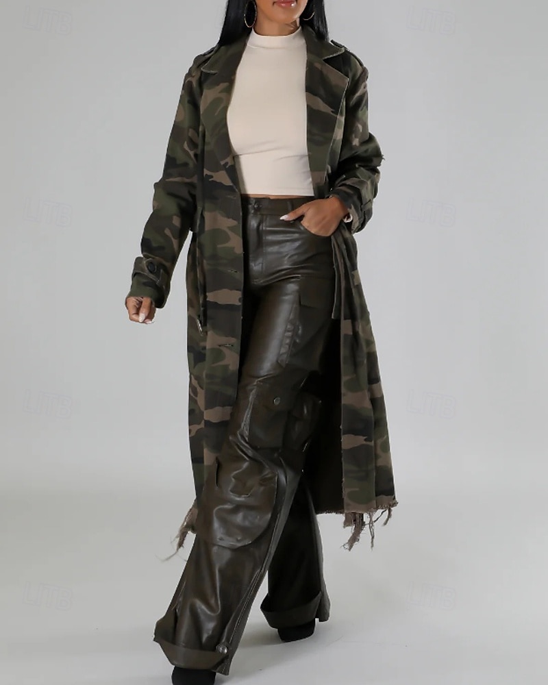 Damen Trenchcoat Bequem Knöpfe Tasche Modern Streetstyle Tarnung Outdoor Ausgehen Einreihig Lang Umlegekragen Normale Passform Langarm Oberbekleidung Hellgrün Dunkelgrün Herbst Winter 2025 - $46.99 –P8