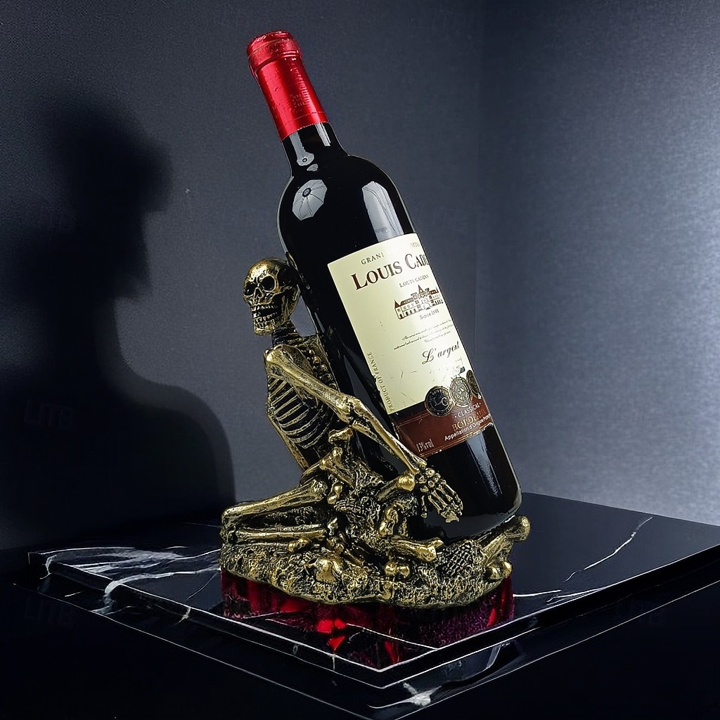 Portabotellas de vino con forma de calavera de Halloween, estante para vino con forma de calavera único, decoración espeluznante para el hogar, soporte creativo para botellas con esqueleto para 2025 - $25.99 –P5