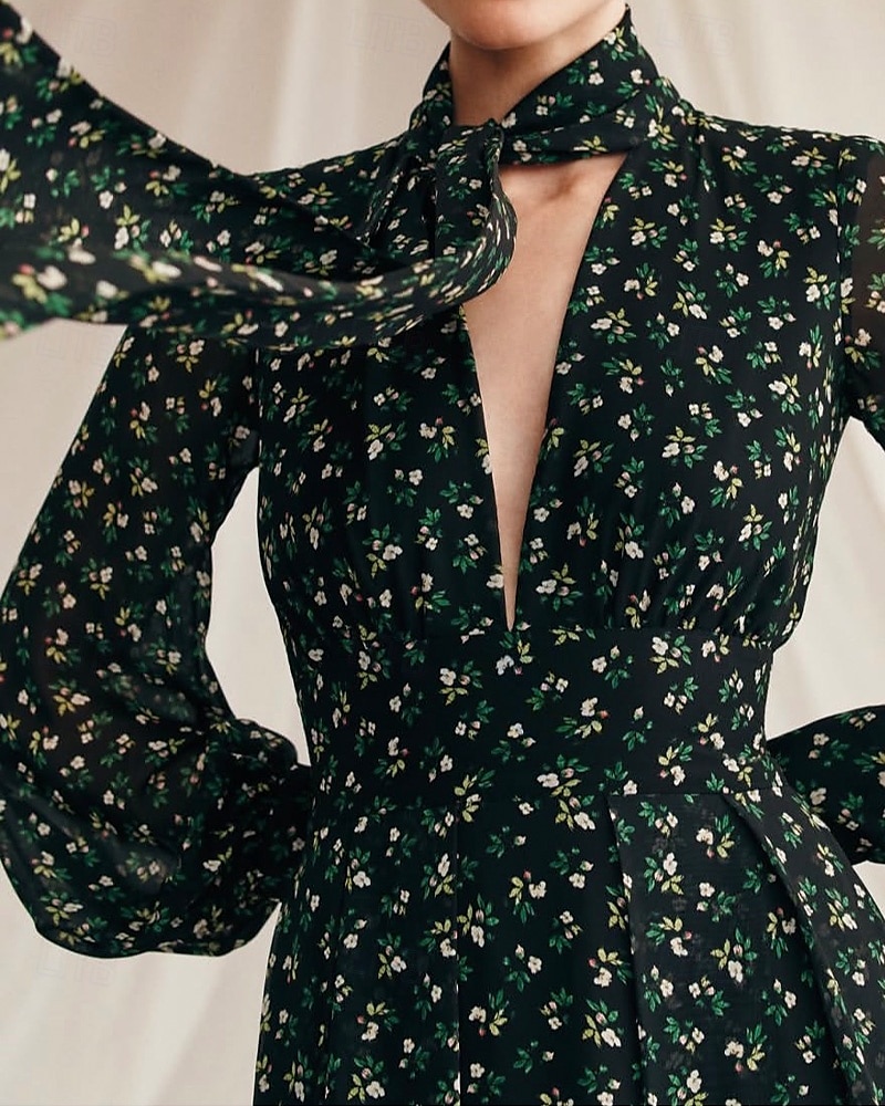 A-Linie Brautmutterkleid Elegant Einfach Minimalistisch V-Ausschnitt mit Schal Bodenlänglich Floralprint Chiffon Langarm mit Falten 2025 - $145.99 –P2