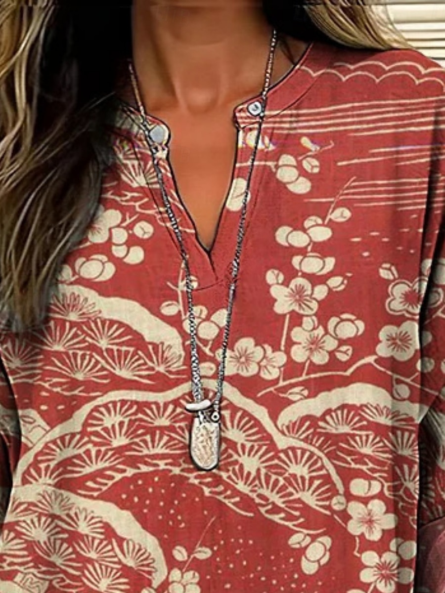 Femmes Chemise Fleuri Élégant Moderne manche longue Col en V Hauts Réguliers Quotidien Fête Boutons Imprimé Rouge Vert Été de 2025 ? $24.99 –P1