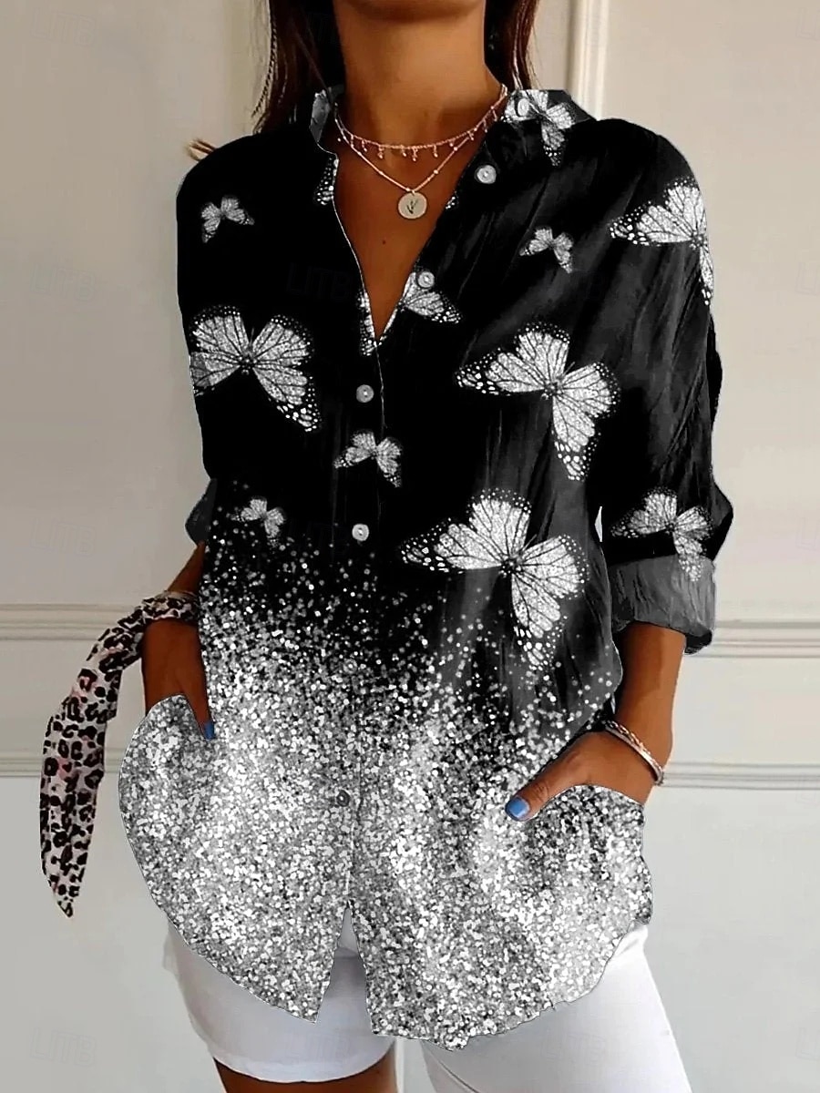 Dámská košile button down tunika s límečkem dlouhým rukávem ombre grafický motýl denní stylové ležérní pravidelné topy denní dovolené potisk růžový modrý fialový oranžový šedý jaro 2025 - $33.99 –P4