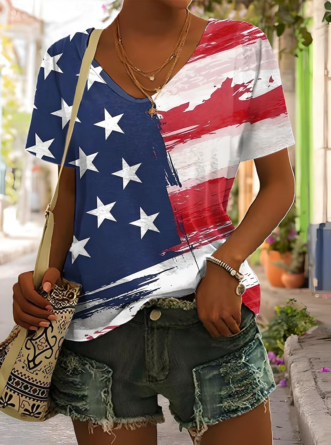 Independence Day Patriotic Women's T Shirt Graphic Plants Flag Vintage Stylish Classic Short Sleeve V Neck Regular Tops Daily Weekend Print Black White Red Light Brown Blue 2026 - $21.99 –P2