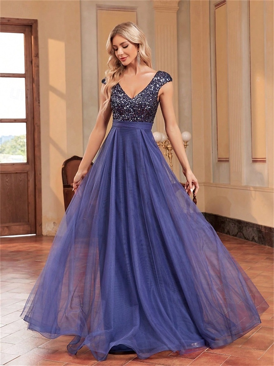 Abiti per Quinceanera A-Line elegante abito formale per matrimonio lunghezza del pavimento senza maniche scollo a V tulle con schiena a V e paillettes del 2025 a $99.99 –P16