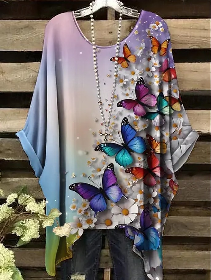 Damen Boho-Hemd Grafik Abstrakt Elegant Bohemien Aktiv Kurzarm Fledermaus Ärmel Rundhalsausschnitt Normale Oberteile Täglich Ferien Strandbekleidung Leicht Braun Blau Purpur Grün Rot / Blau Sommer 2025 - $22.99 –P4
