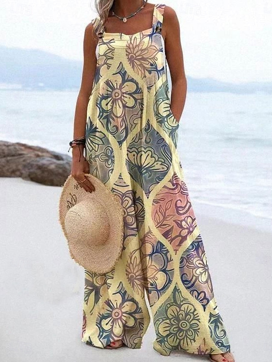 Femmes Salopette Actif Fleuri Sans manches Jambe large Vacances Rue Coupe Ample Jaune Bleu Gris Été de 2025 ? $39.99 –P1
