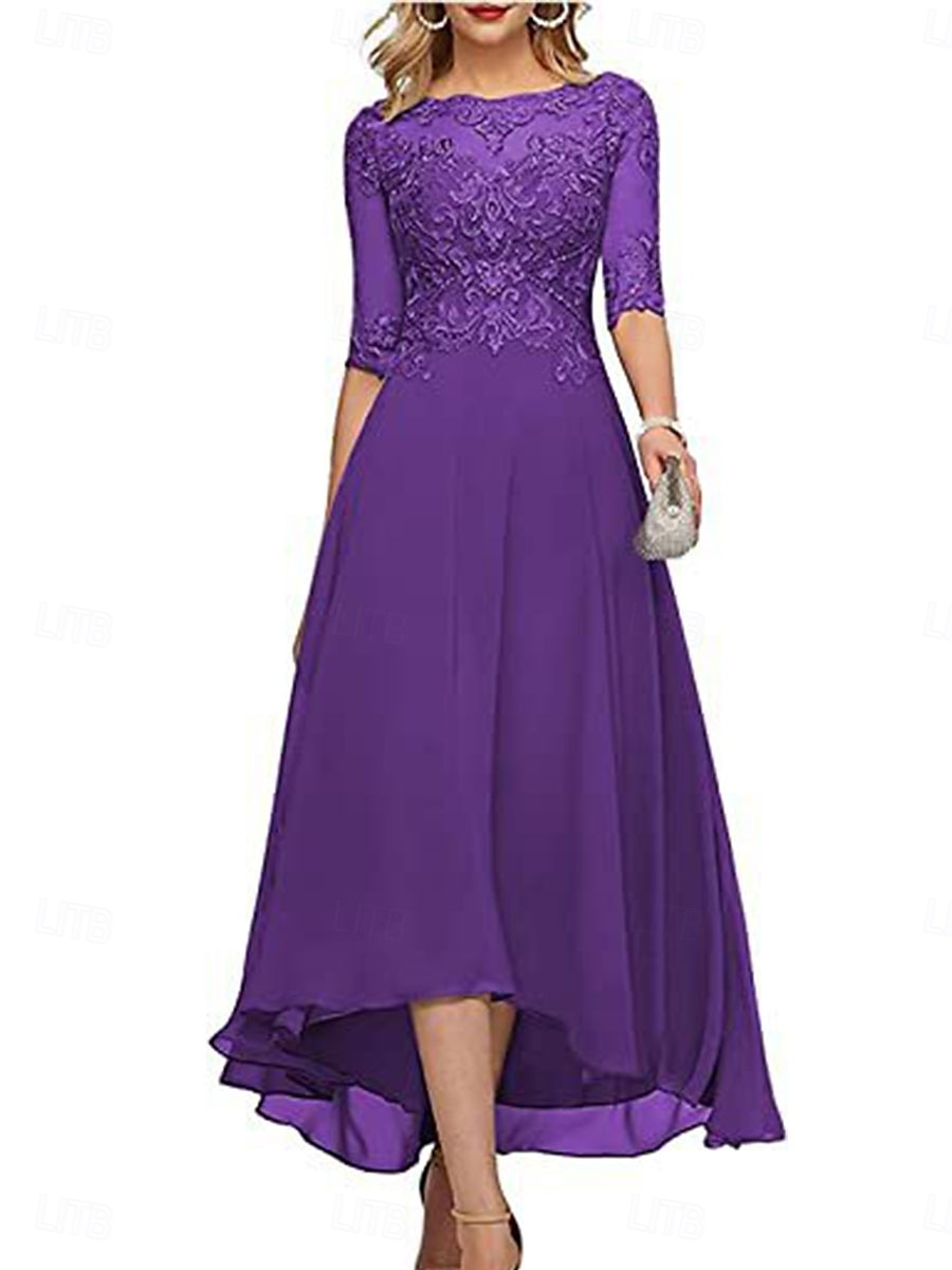 A-Line Mother of the Bride Dress Elegant Crew Neck Floor Length Chiffon Half Sleeve with Solid Color 2025 2025 - $119.99 –P24