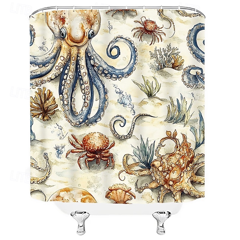 Cortina de ducha con diseño de tortuga marina y ganchos para baño, juego de decoración de baño de poliéster impermeable, paquete de 12 ganchos de plástico 2026 - $21.99 –P13