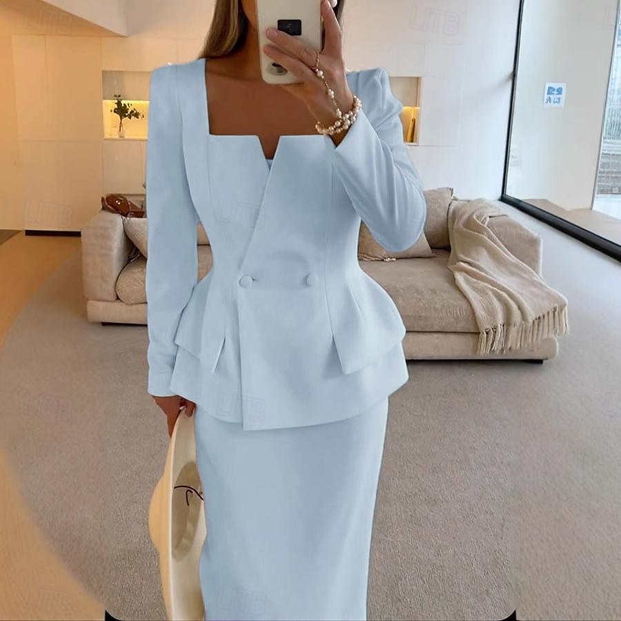 Zweiteilig Meerjungfrauenschnitt Brautmutterkleid Formell Elegant Einfach Minimalistisch Quadrathals Tee-Länge Krepp Stretchstoff Langarm mit Einfarbig 2025 2025 - $139.99 –P9