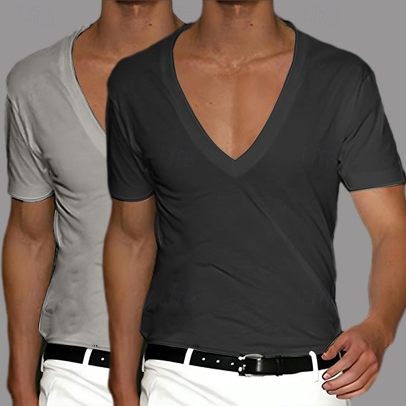 2 Stück Herren T-Shirt Tee Top Kurzarm Kurzarm V-Ausschnitt Sommer Frühling Unifarben Designer Basic Modern Zeitgenössisch Klassischer Stil Basic Urlaub Street Casual Schwarz Weiß Tee 2025 - $17.49 –P11