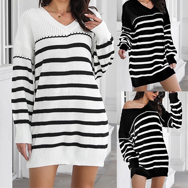 Femmes Mini Robe Robe Pull Robe Décontractée Mode Extérieur Soirée Fête Coupe régulière Rayé manche longue Col en V Noir Blanche Automne de 2025 ? $25.99 –P1