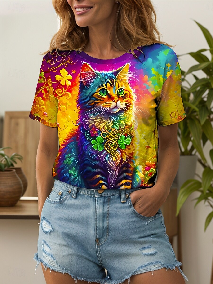 Damen T Shirt Blumen Grafik Tiermotiv Vintage Stilvoll Klassisch Kurzarm Rundhalsausschnitt Rundhals Normale Oberteile Täglich Wochenende Druck Gelb Rote Blau Purpur Grün Sommer Frühling 2025 - $19.99 –P5