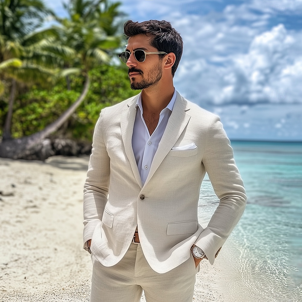 heren linnen pakken zomer bruiloft casual beige dagelijks lichtgewicht pakken effen kleur standaard pasvorm 2-delig enkelrijs éénknoops 2025 - $116.99 –P1