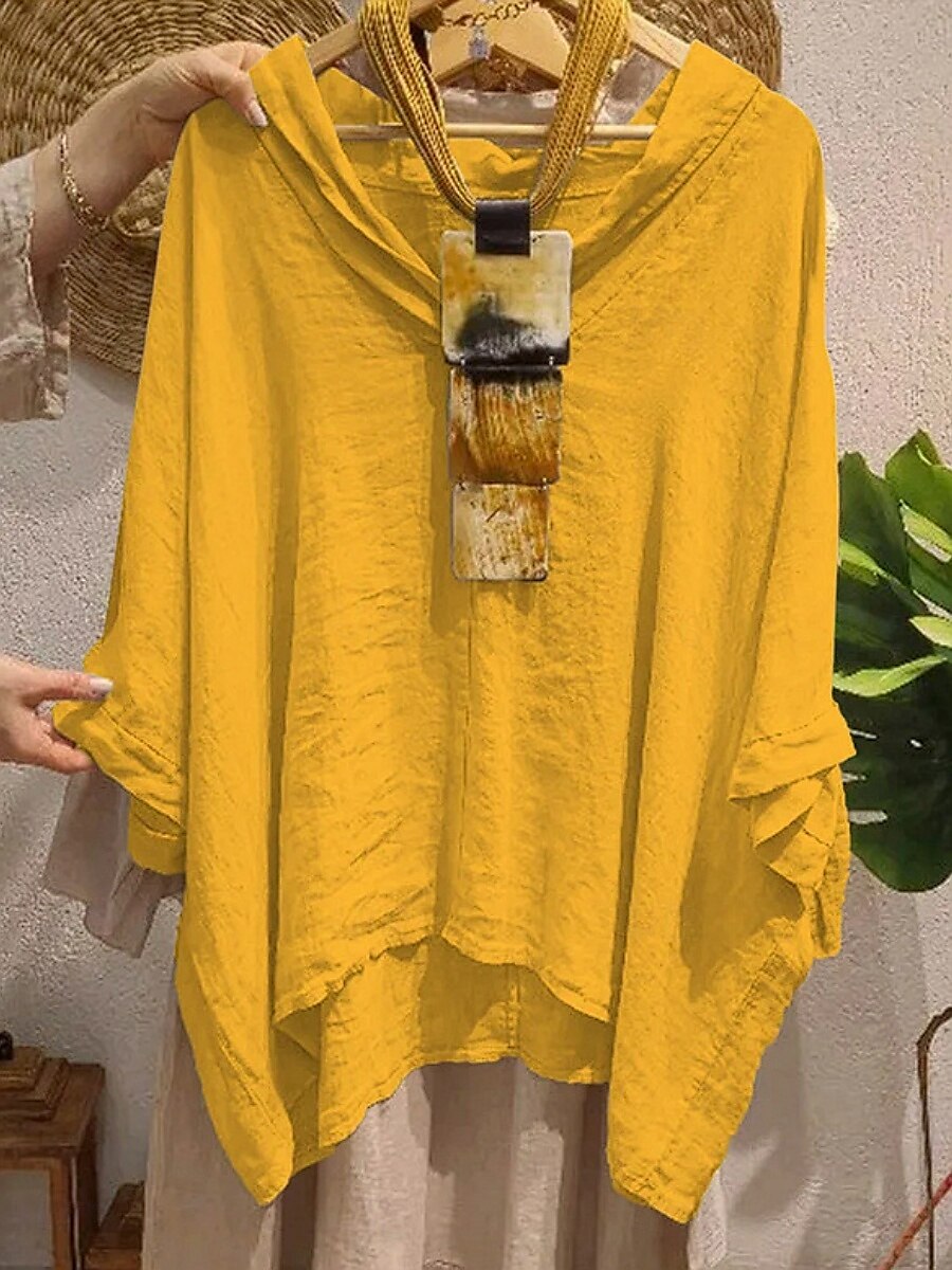 Femmes Chemises en coton et lin Couleur Unie Basique Occasionnel Manche 3/4 Col en V Hauts Longs Quotidien Noir Blanche Jaune Vert Véronèse bleu marine Été Printemps de 2025 ? $33.99 –P4
