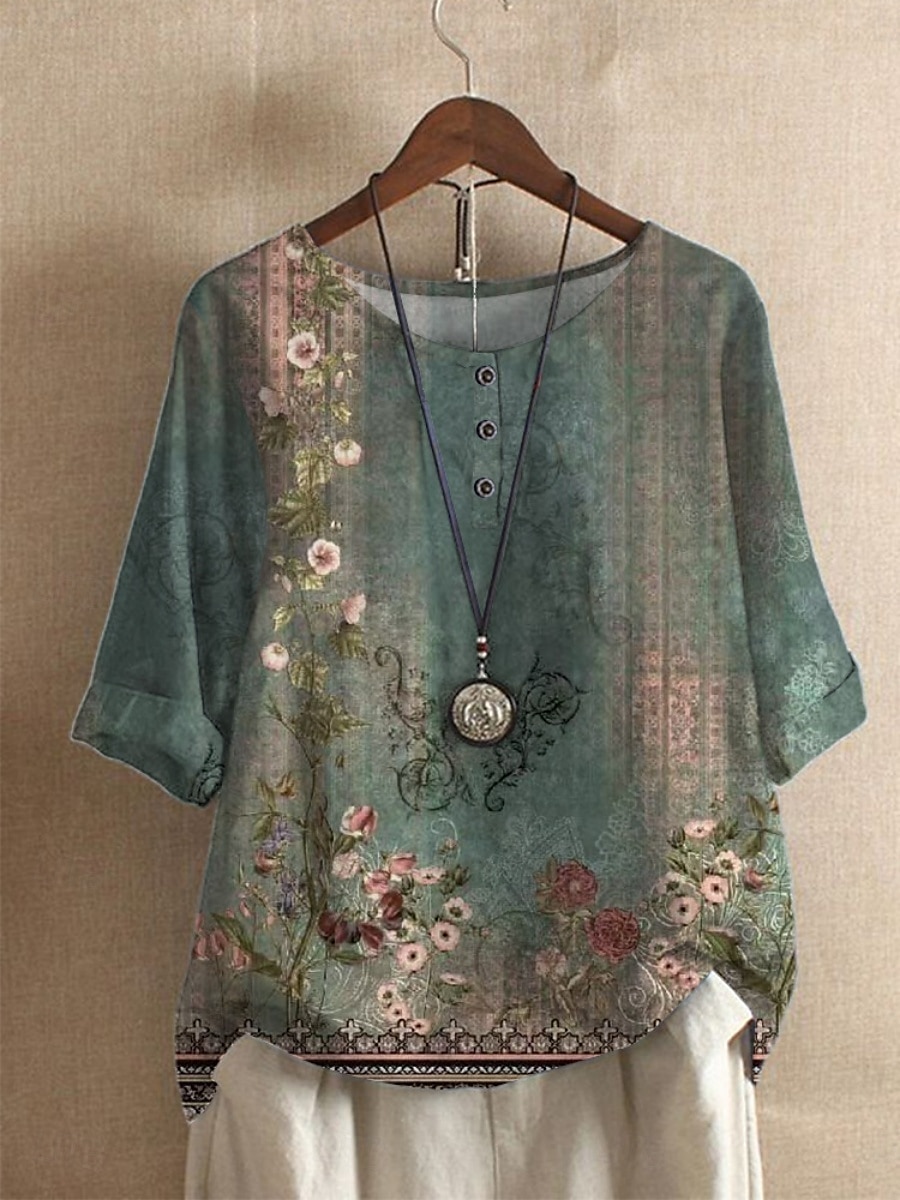 Per donna Camicie di cotone e lino Floreale A righe Essenziale Casual Mezza Manica Girocollo Top Regolari Quotidiano Stampato Nero Bianco Blu Azzurro cielo Verde Estate del 2025 a $17.99 –P1