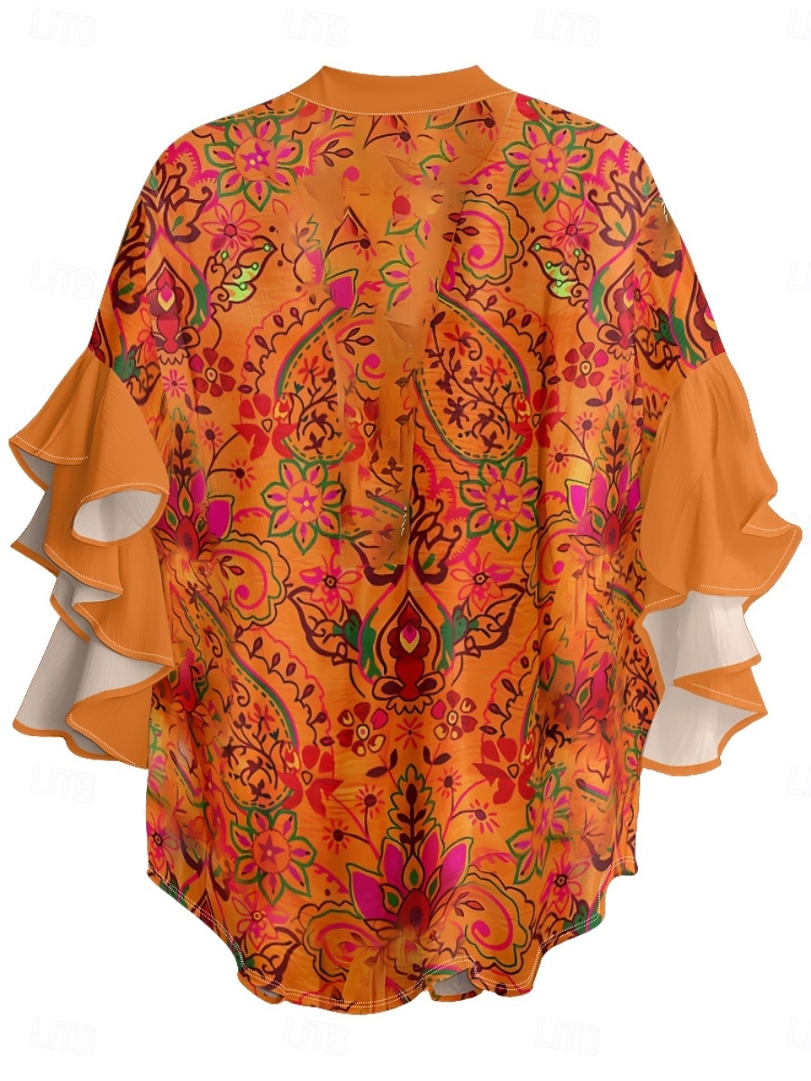 Mujer Blusa Volante Estampado Floral Elegante Moderno Manga 3/4 Escote en Pico Tops regulares Diario Festivos Azul Piscina Rosa Naranja Verde Trébol Verano 2026 - $37.99 –P5