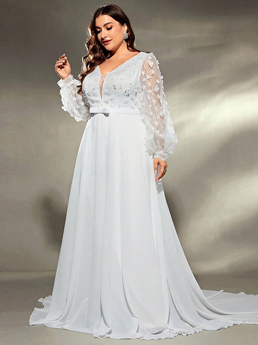 A-Line Evening Gown Elegant Dress Formal Wedding Sweep / Brush Train Long Sleeve V Neck Chiffon with Pleats 2025 - $89.99 –P5