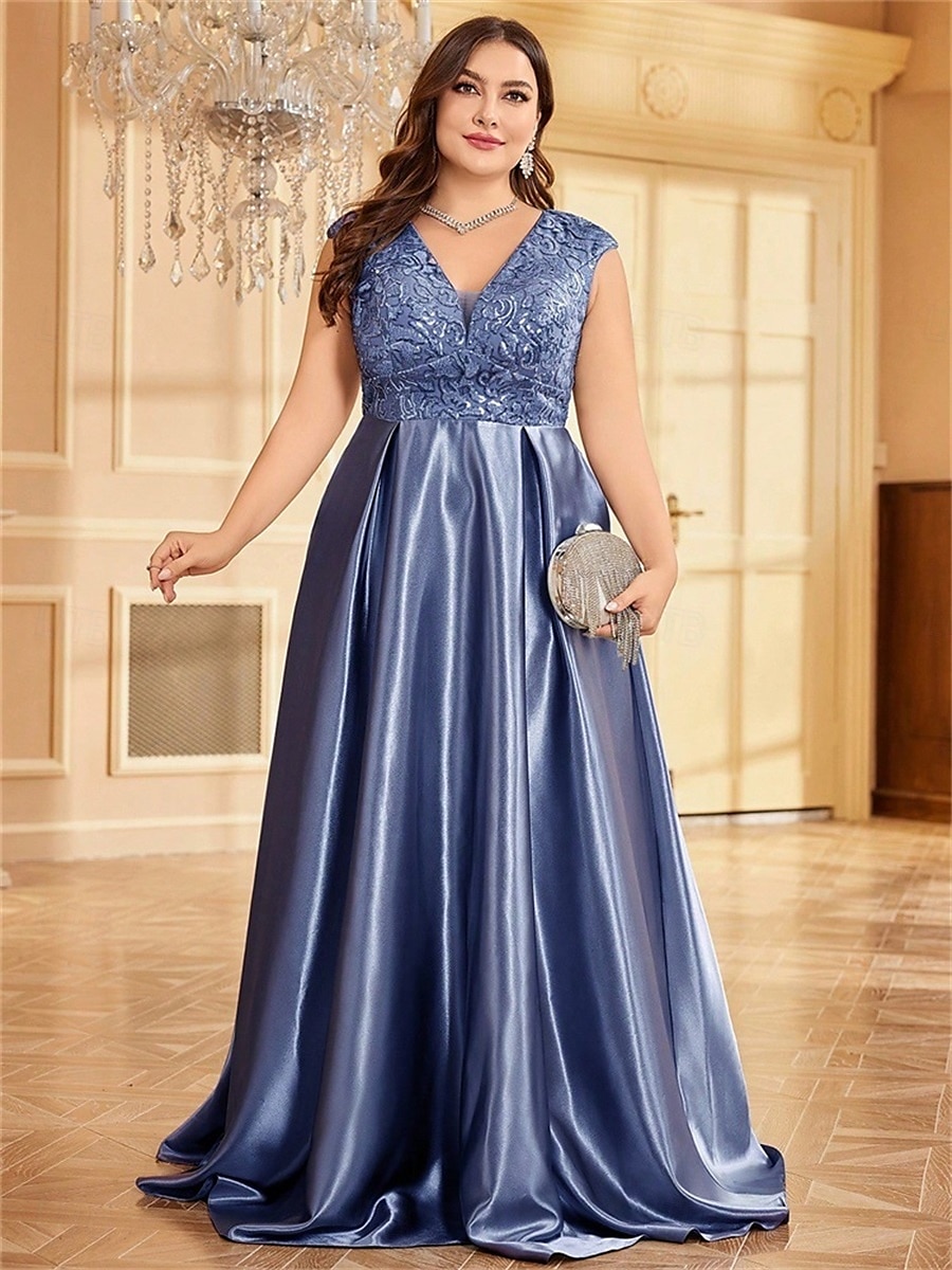 Robe A-Line Grande Taille Élégante Robe Courbe De Mariage Formelle Longue Au Sol Manches Courtes Col en V Satin Dos Nu Avec Plis 2025 de 2025 ? $119.99 –P25