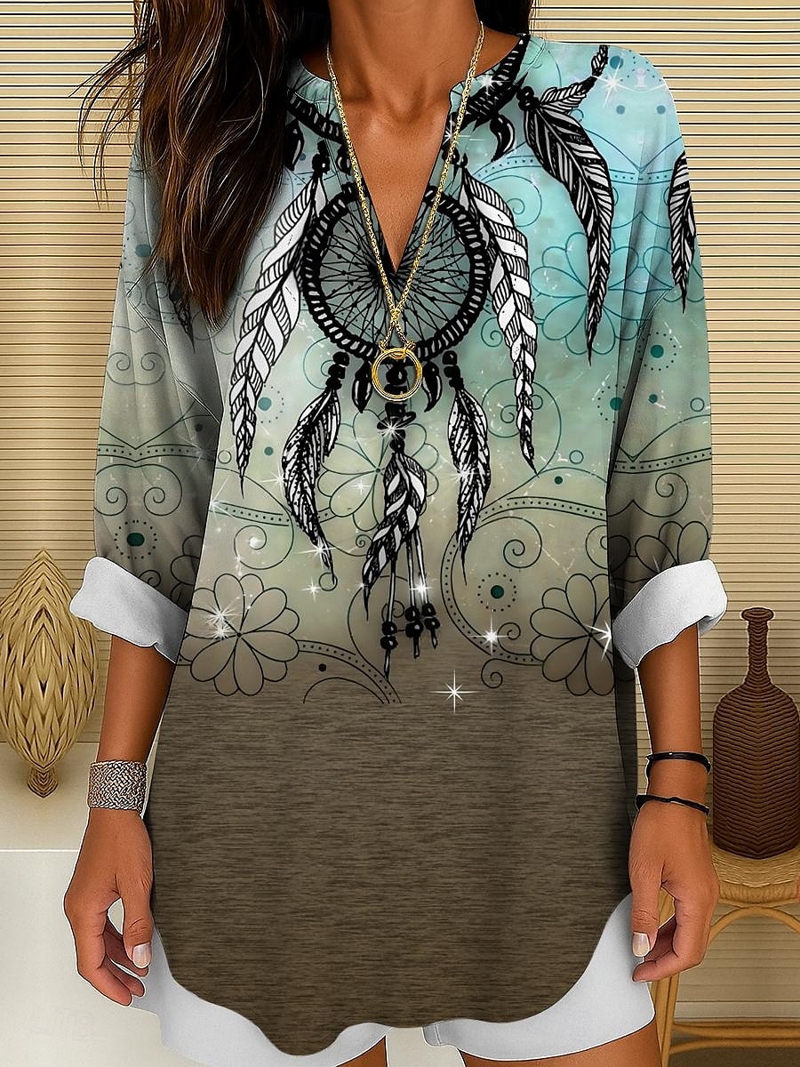 Damenbluse Langarm Tunika Tops Graphic Bohemia Vintage Tropical V-Ausschnitt Reguläre Tops Tägliche Urlaub Strandbekleidung Druck Blau Lila Braun Grün Sommer Frühling 2025 - $24.99 –P6