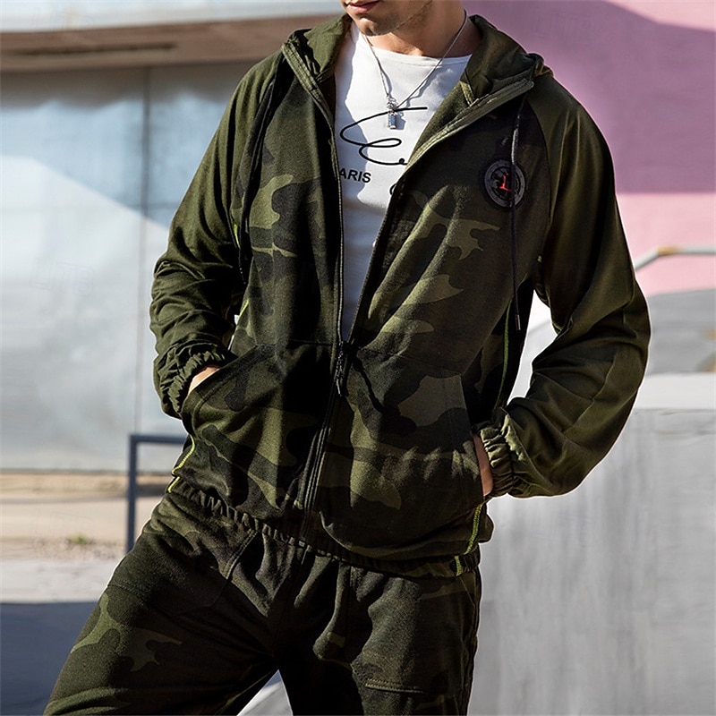 Herren Reißverschluss Kapuzensweatshirt Trainingsanzug Athleisure Herbst Langarm Winddicht Fitnessstudio Training Sport Sportbekleidung Sportkleidung Tarnung Armeegrün Khaki Grau 2025 - $39.99 –P3