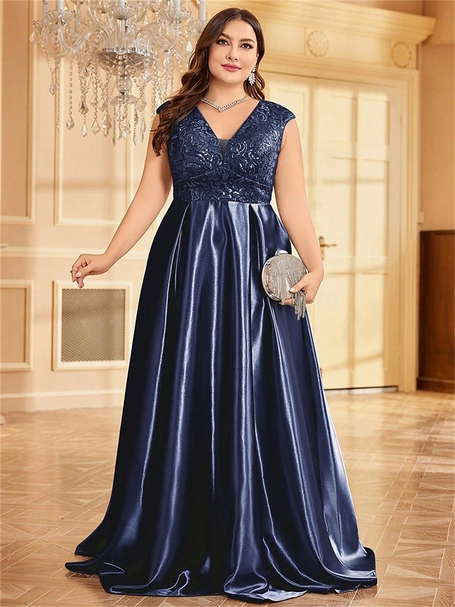 Robe A-Line Grande Taille Élégante Robe Courbe De Mariage Formelle Longue Au Sol Manches Courtes Col en V Satin Dos Nu Avec Plis 2025 de 2025 ? $119.99 –P23