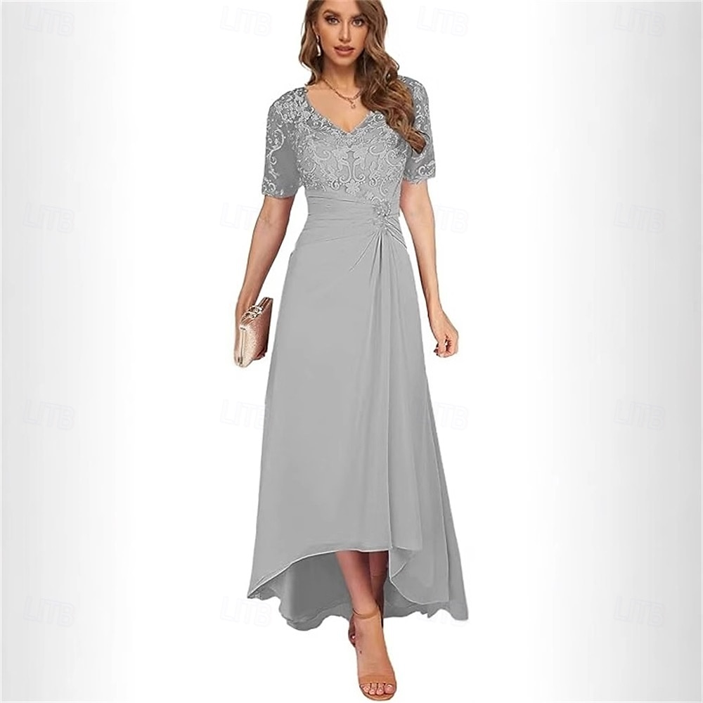 A-Linie Mutter der Braut Kleid Elegantes Einfaches V-Hals asymmetrisches Chiffon Kurzarm mit einfarbig 2025 - $119.99 –P1