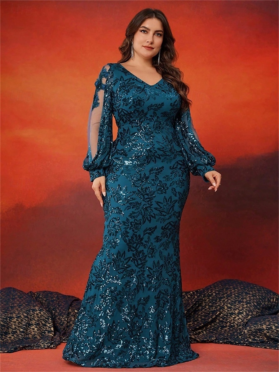Meerjungfrau  Trompete Plus-Size Kleider Elegantes Kurvenkleid Formelle Hochzeit Bodenkurzeng Lange Ärmel V-Ausschnitt pailletten mit Pailletten 2025 - $139.99 –P5