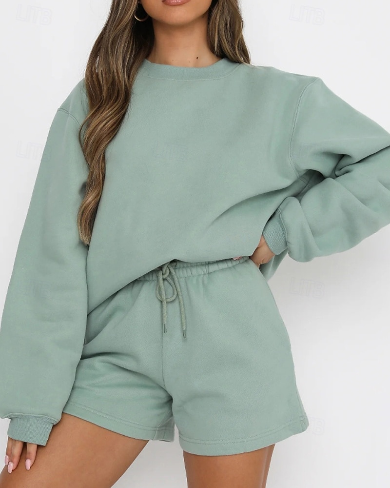 2025年 女性用 トラックスーツ プルオーバースウェットシャツ スウェットショーツ レース ソリッド スーツウェア 秋 Темный хаки ブラック ジム アスレイジャー ランニング 防風 長袖 スポーツ アクティブウェア 伸縮性あり レギュラー  コレクション – $25.99 –P6