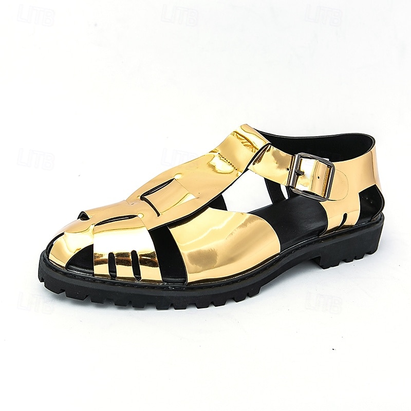 Gull- og svarte metalliske sandaler for menn – stilige gladiatorsandaler med moderne spennedesign, perfekte for uformelle utendørsarrangementer 2025 - $42.99 –P1