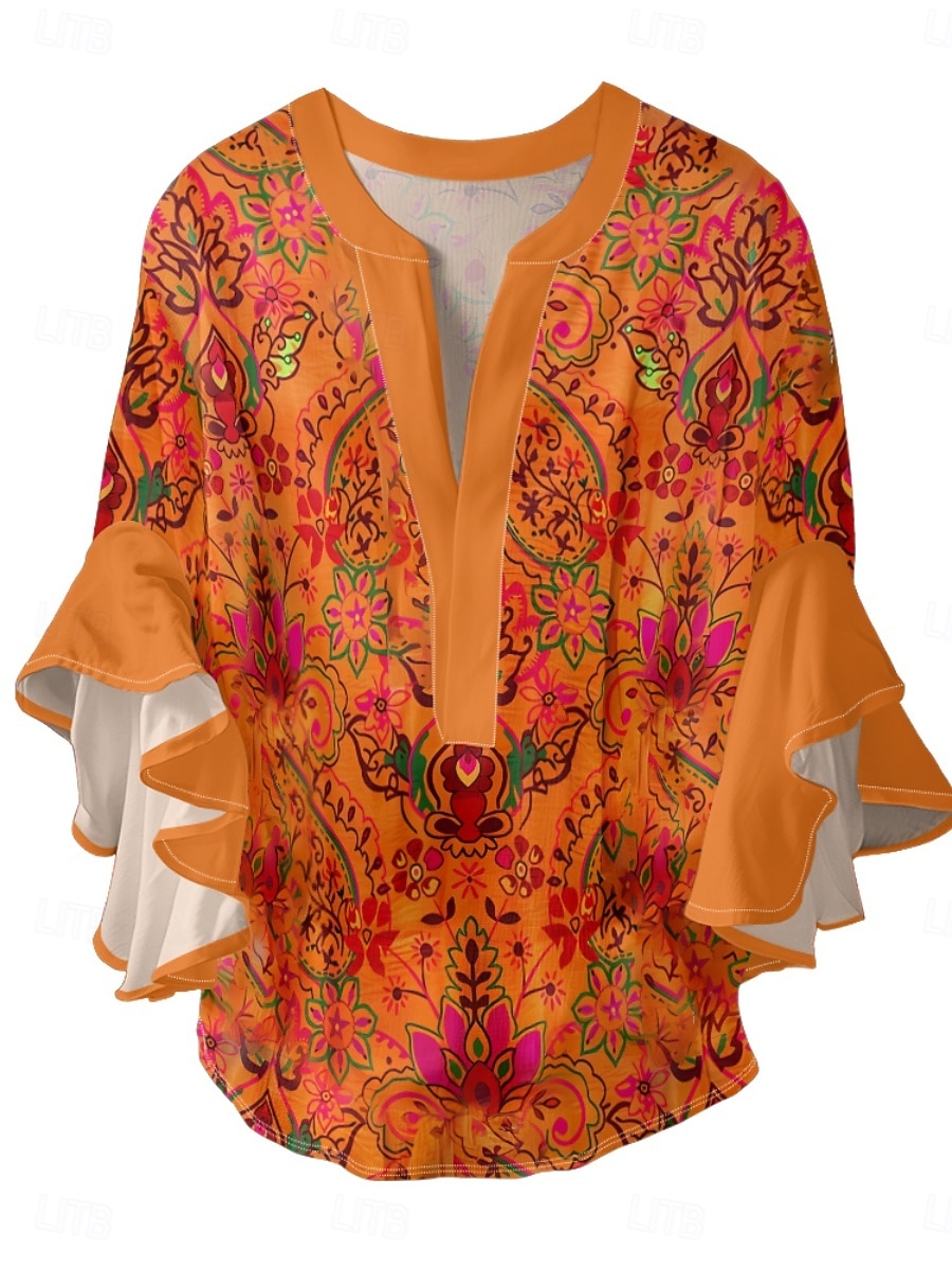 Mujer Blusa Volante Estampado Floral Elegante Moderno Manga 3/4 Escote en Pico Tops regulares Diario Festivos Azul Piscina Rosa Naranja Verde Trébol Verano 2026 - $37.99 –P6