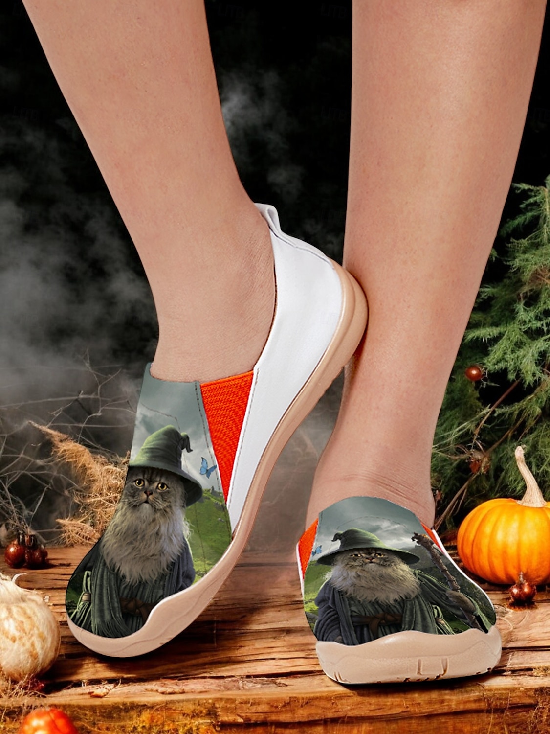 damskie buty podróżne z nadrukiem kota na Halloween – wygodne, wsuwane, codzienne, płaskie buty na spacery i wakacje, lekkie obuwie z motywem czarownic na jesienne i świąteczne stylizacje Vincent Hie 2025 - $59.99 –P3