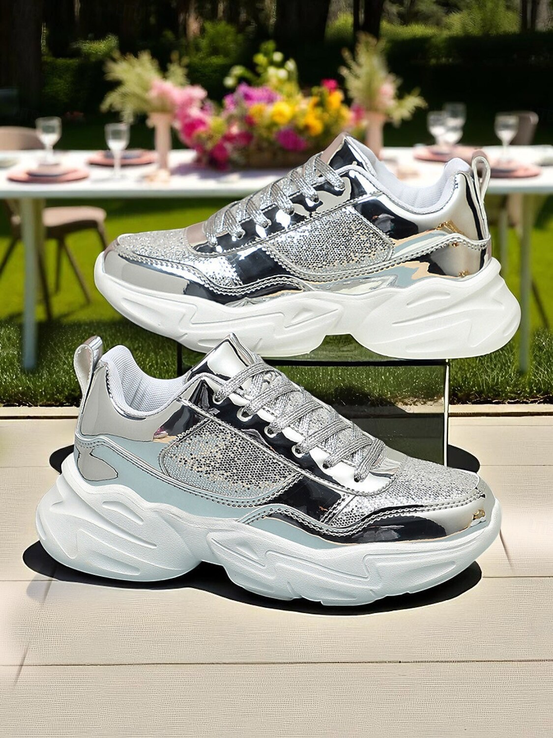 Tênis plataforma chunky com glitter feminino e acabamento metálico, calçados de festa com cadarço da moda para vida noturna e balada de 2025 por $42.99 –P3