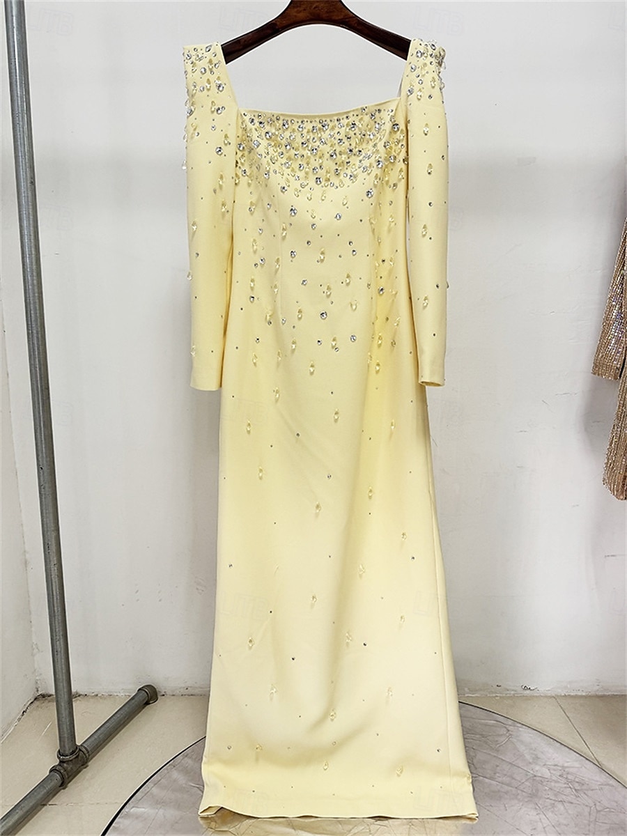 Mermaid / Trumpet High Fashion Yellow Dress Elegant Dress Formal Wedding Floor Length Semi Formal Long Sleeve Square Neck Crepe Center Back Slit with Crystal 2025 - $149.99 –P4