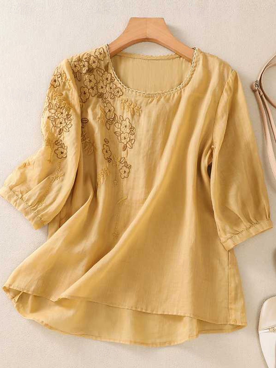 Femmes Chemises en coton et lin Couleur Unie Basique Occasionnel Manche 3/4 Col ras du cou Hauts Réguliers Quotidien Broderie Jaune Violet Vert Gris Été de 2025 ? $25.99 –P6