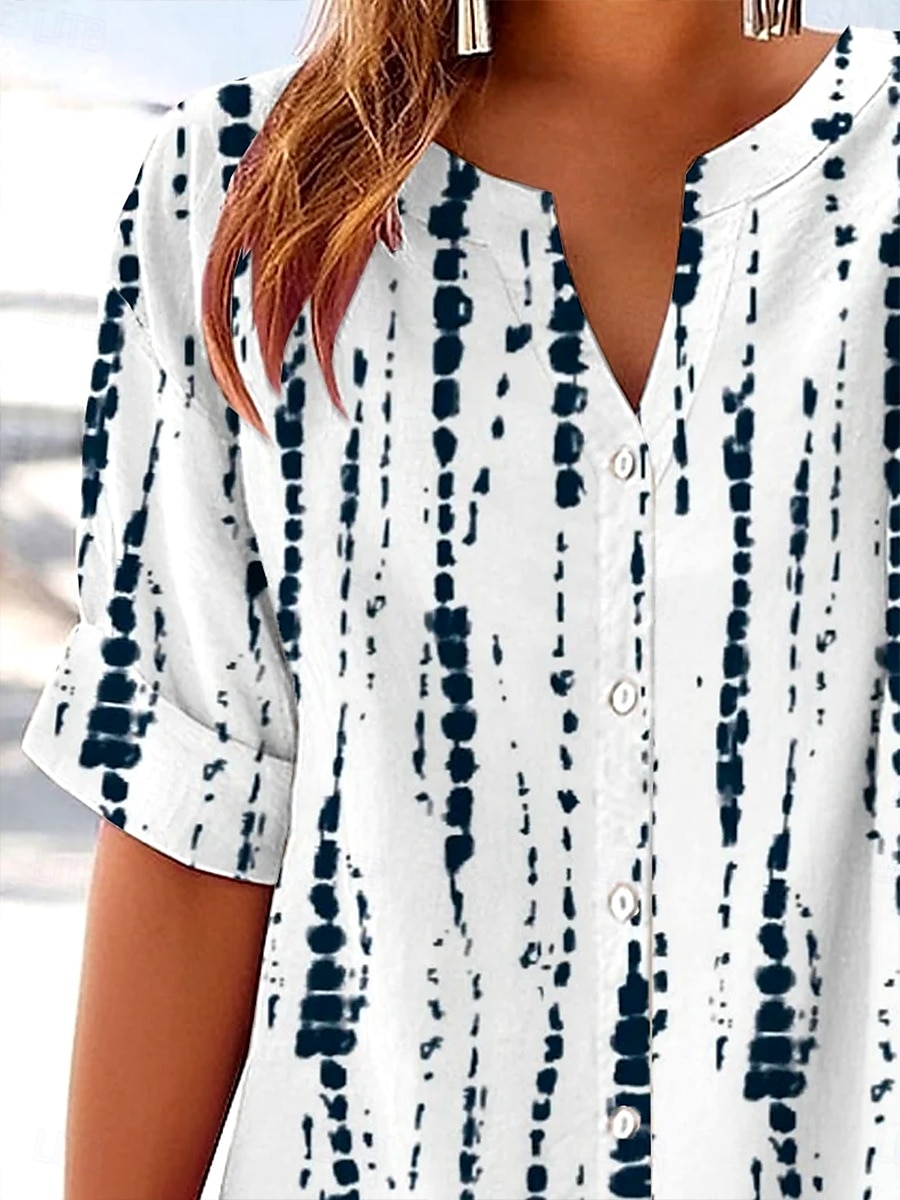 Femmes Chemise Fleuri Rayé 3D ancien Tropical Élégant Manche Courte Encolure en V Hauts Réguliers Quotidien Fête Boutons Blanche bleu marine Été Printemps Automne de 2025 ? €31.99 –P5