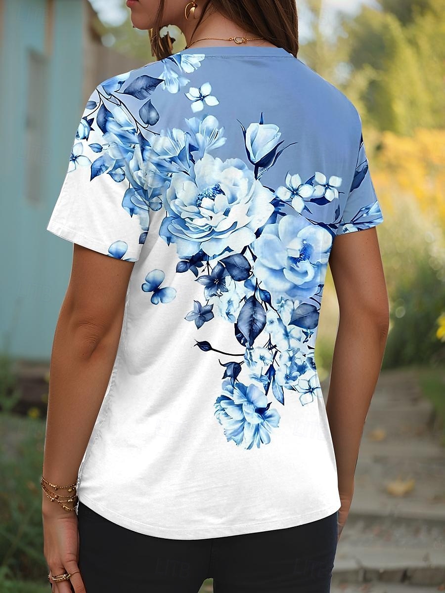 Dame T skjorte Blomstret Grafisk Planter Stilfull Klassisk Fritid Kortermet V-hals Vanlige topper Daglig Helg Trykt mønster Rosa Blå Lilla Grønn Sommer Vår 2025 - $19.99 –P2