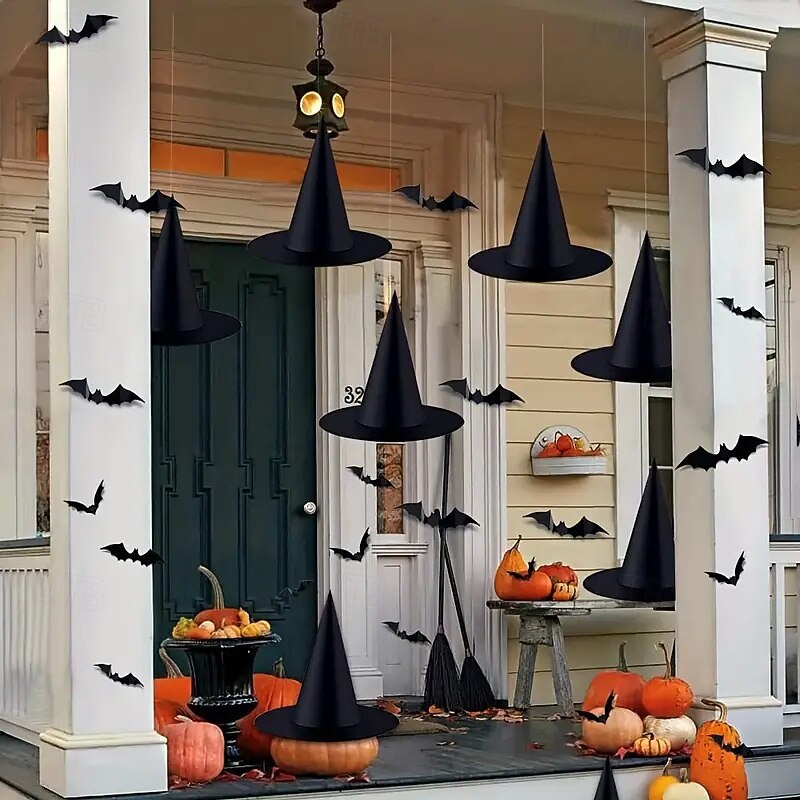 Cappello da strega nero di Halloween con decorazione da parete a forma di pipistrello 3D, costumi di Halloween, accessori da strega, cappelli, decorazioni per feste di Halloween fantasy del 2025 a $26.99 –P2