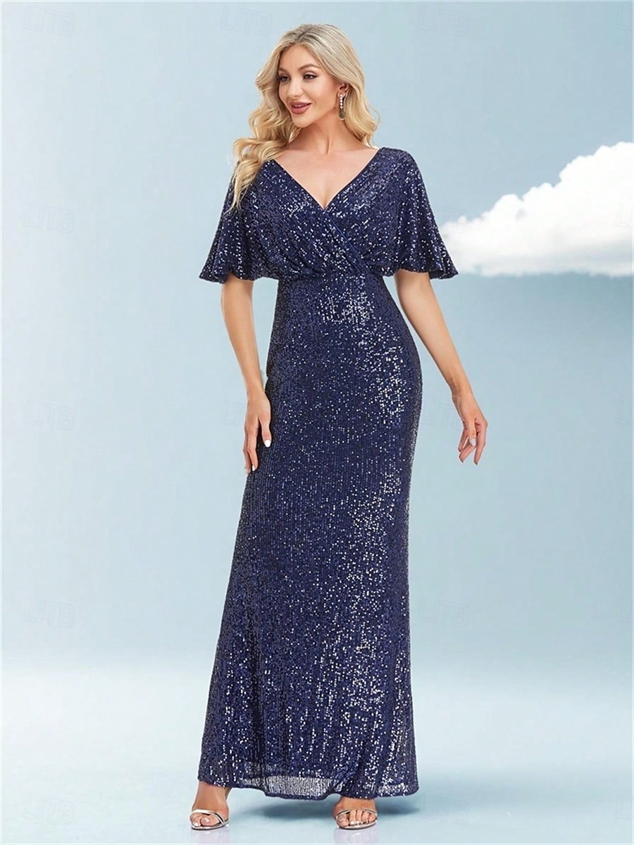 Abiti da festa per quindici anni sirena  tromba abito elegante formale da matrimonio lunghezza a terra maniche corte scollatura a V poliestere con glitter del 2025 a $99.99 –P4