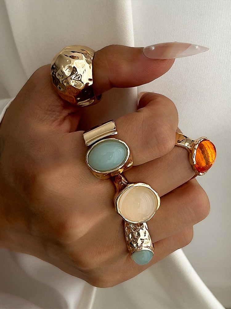 Damesett med vintage edelstener i gull – sett med flere statement-ringer med klumpete tekstur og fargerike harpiks-edelstener, egnet for kontor, vintage-mote, fest og hverdagsstil 2025 - $11.99 –P1